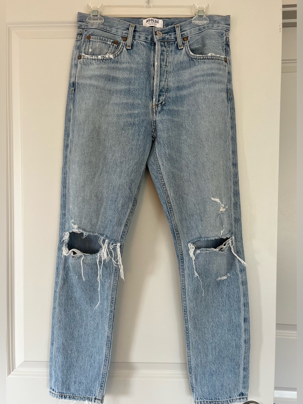 Agolde Jamie High Rise Straight Leg Light  Wash Distressed Knee Jeans Size 26
